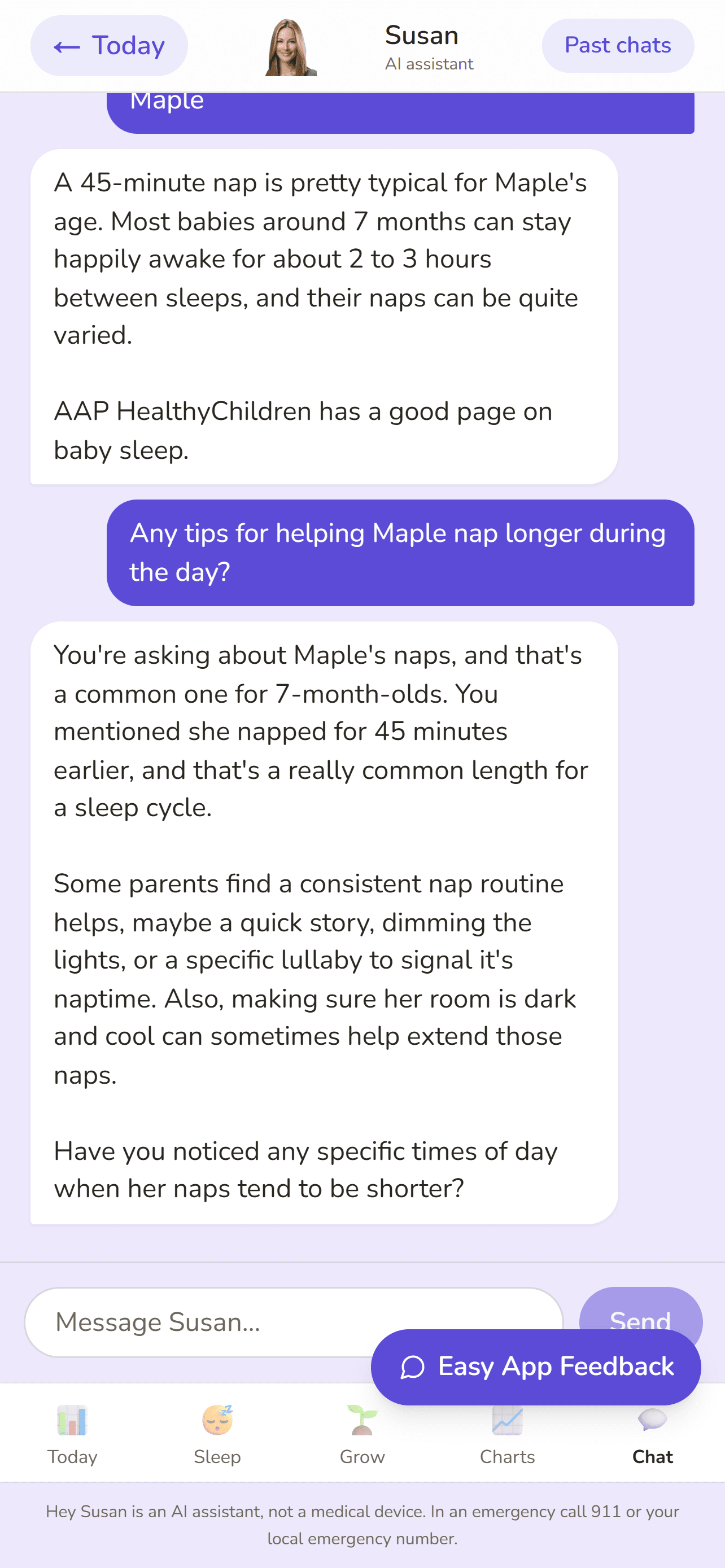 The Chat tab in the Hey Susan app: a conversation about the baby's naps where Susan refers back to a 45-minute nap the parent logged earlier, suggests gentle routine ideas, points to an AAP HealthyChildren page, and asks a follow-up question.
