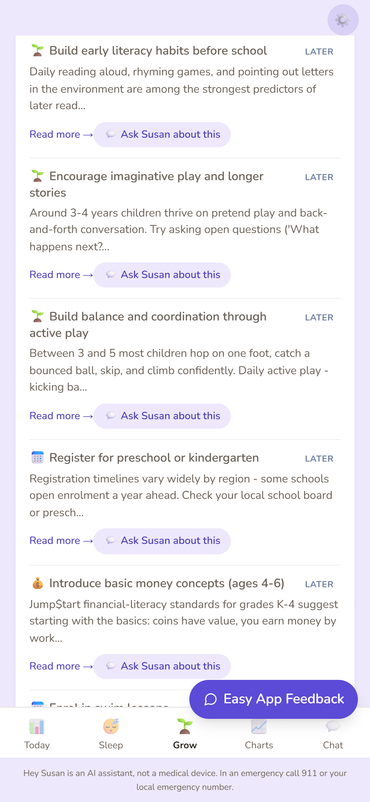 The Grow tab in the Hey Susan app: age-appropriate learning-path cards including early literacy habits, imaginative play, balance and coordination, registering for preschool, and introducing basic money concepts — each with 'Read more' and 'Ask Susan about this'.