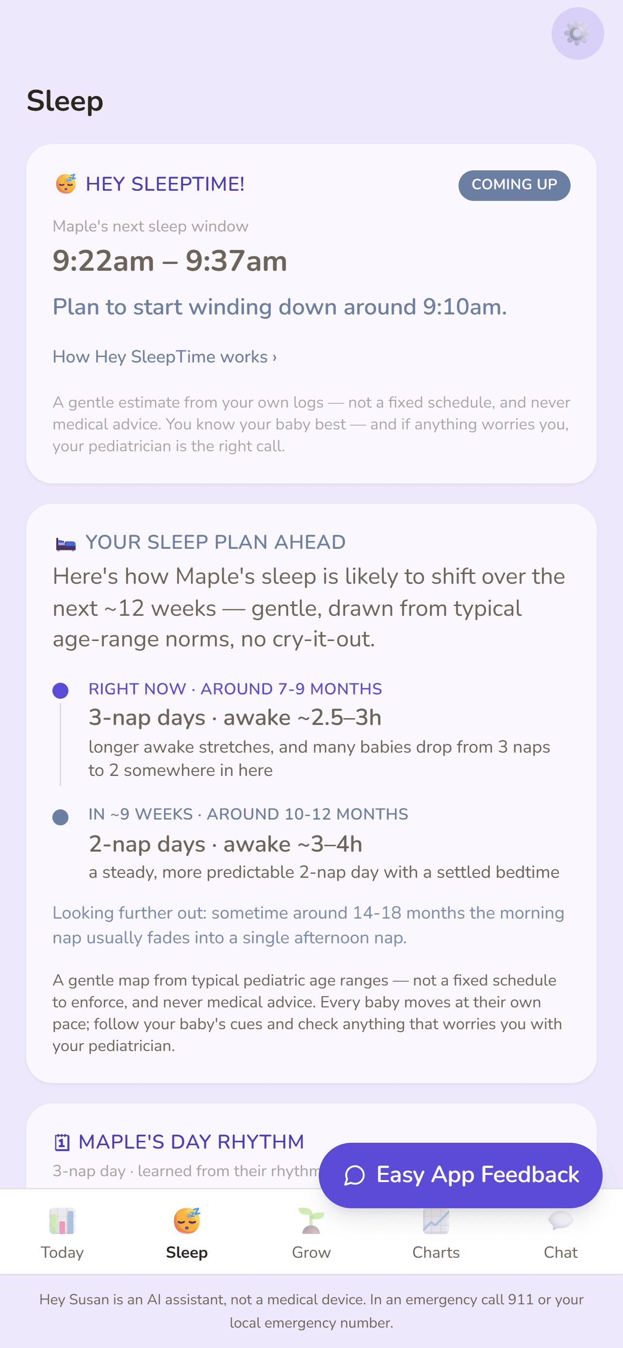 The Sleep tab in the Hey Susan app: the next sleep window, and 'Your Sleep Plan Ahead' showing how the baby's naps are likely to shift over the next twelve weeks — 3-nap days now, 2-nap days around 10 to 12 months — drawn from typical age-range norms, with a note that it is not a fixed schedule and never medical advice.