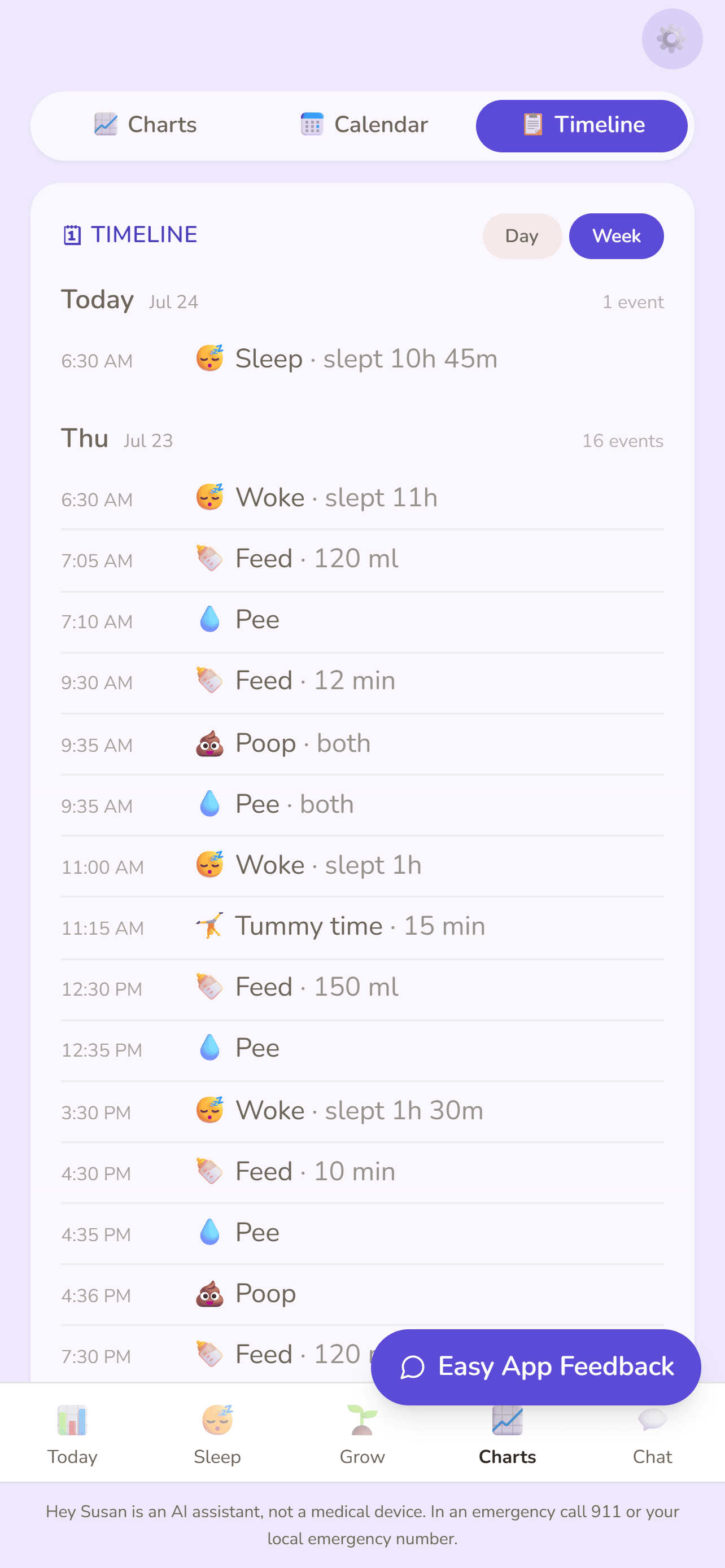 The Timeline view in the Hey Susan app: a day-by-day list of logged events with times — sleep, feeds in millilitres or minutes, pees, poops and tummy time.