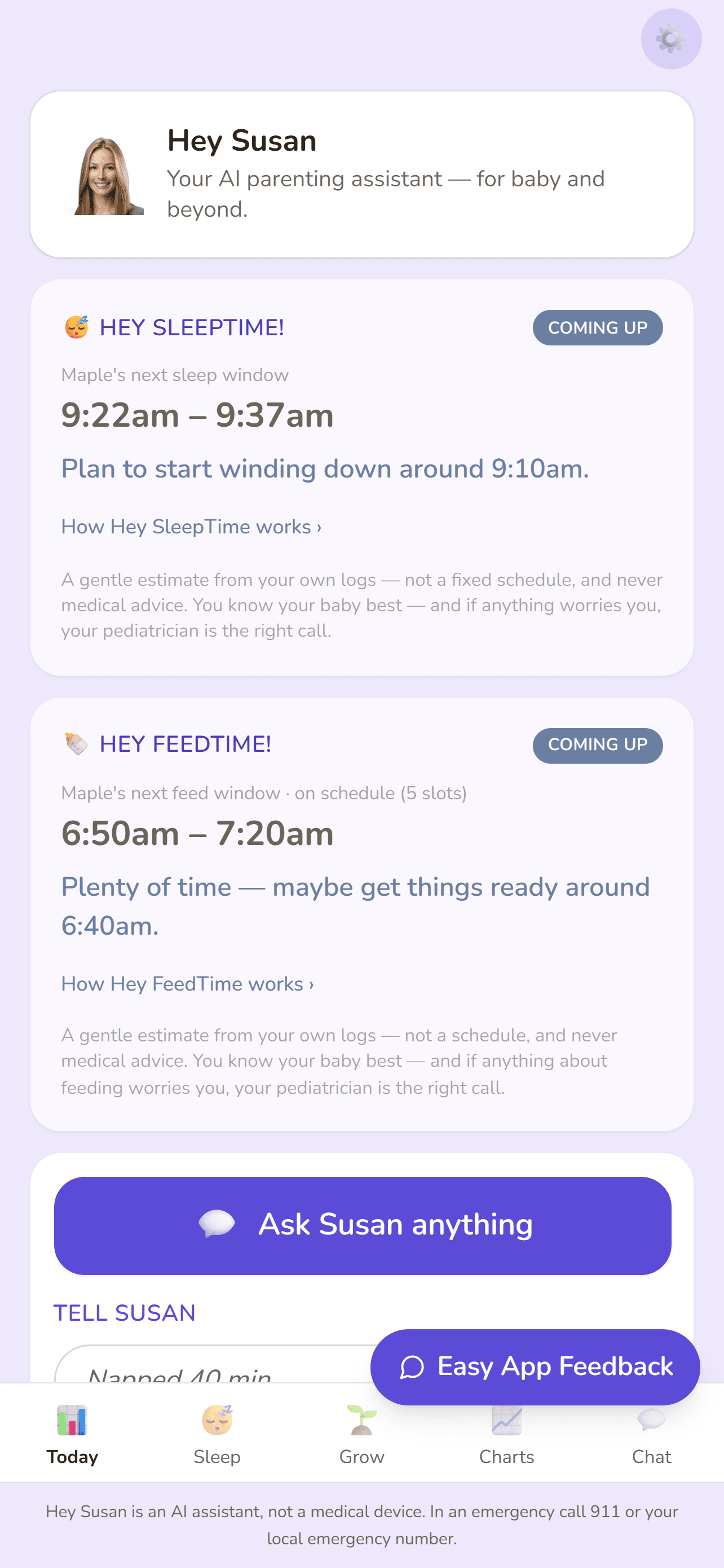 The Today tab in the Hey Susan app: a Hey SleepTime! card with the next sleep window and a wind-down time, a Hey FeedTime! card with the next feed window, each carrying the note that it is a gentle estimate from your own logs and never medical advice, plus an 'Ask Susan anything' button.