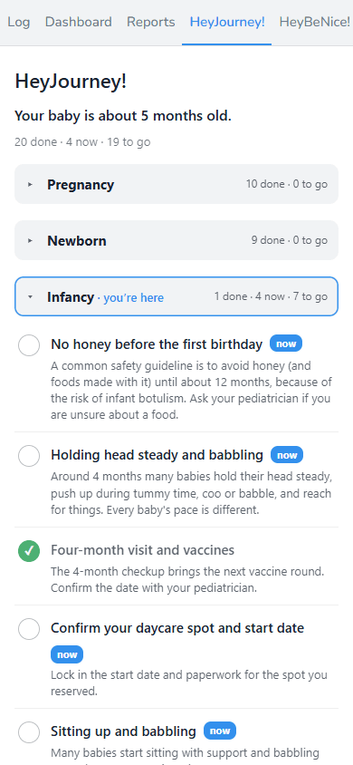 The HeyJourney! timeline inside Telegram: pregnancy, newborn, infancy and toddler phases with checkpoints you tick off — vaccines, milestones, paperwork — and a 'you're here' marker for your baby's age.