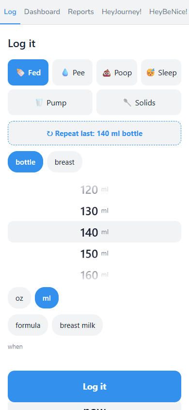 The Hey Susan one-tap log dial inside Telegram: Fed, Pee, Poop, Sleep, Pump and Solids tabs, a repeat-last shortcut, and a scrollable amount wheel set to 140 ml.